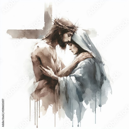 A Minimalist Watercolor Depiction of Mary and Jesus's Embrace