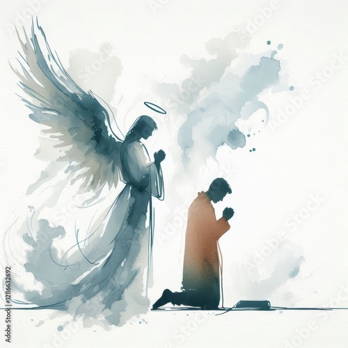 A Serene Moment of Prayer with an Angelic Presence in Watercolor