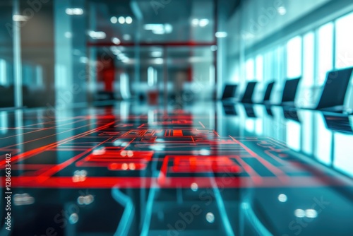 Wallpaper Mural Futuristic conference table with red illuminated interactive display, reflecting modern office space. Torontodigital.ca