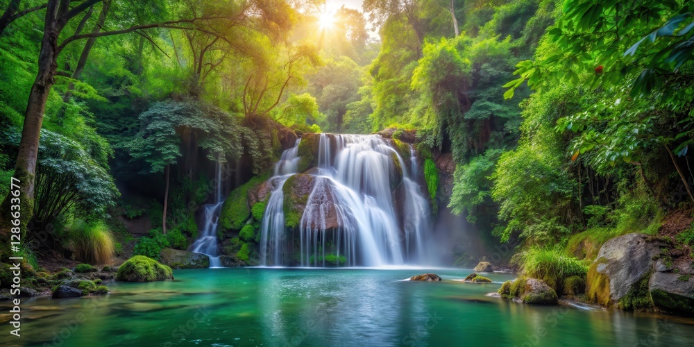 Fototapeta premium waterfall in dense forest, natural, scenery, natural, scenery, forest,nature, vegetation, foliage