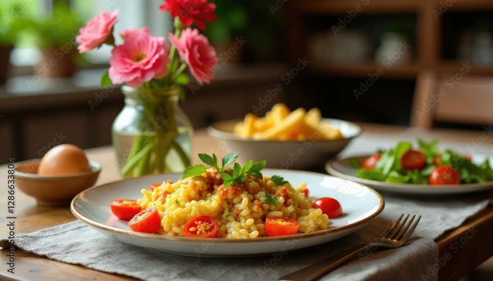 Comida para servir en una mesa con jarr?n de flores, platos, velas, mesa Comida para servir en una mesa con jarr?n de flores, platos, velas, mesa