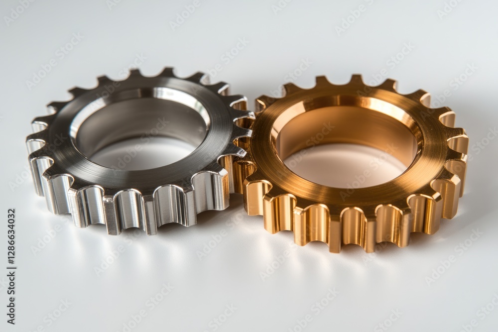 Two metallic gears, one silver and one gold, interlock against a white background, symbolizing collaboration and precision engineering. Two metallic gears, one silver and one gold, interlock against a white background, symbolizing collaboration and precision engineering.