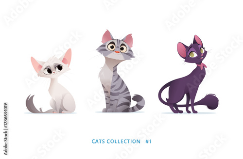 Adorable digital illustration of three cartoon cats. Fluffy white cat, Tabby, and sleek black cat with a bow. Perfect for childrens books, stickers, kids designs and pet lovers projects