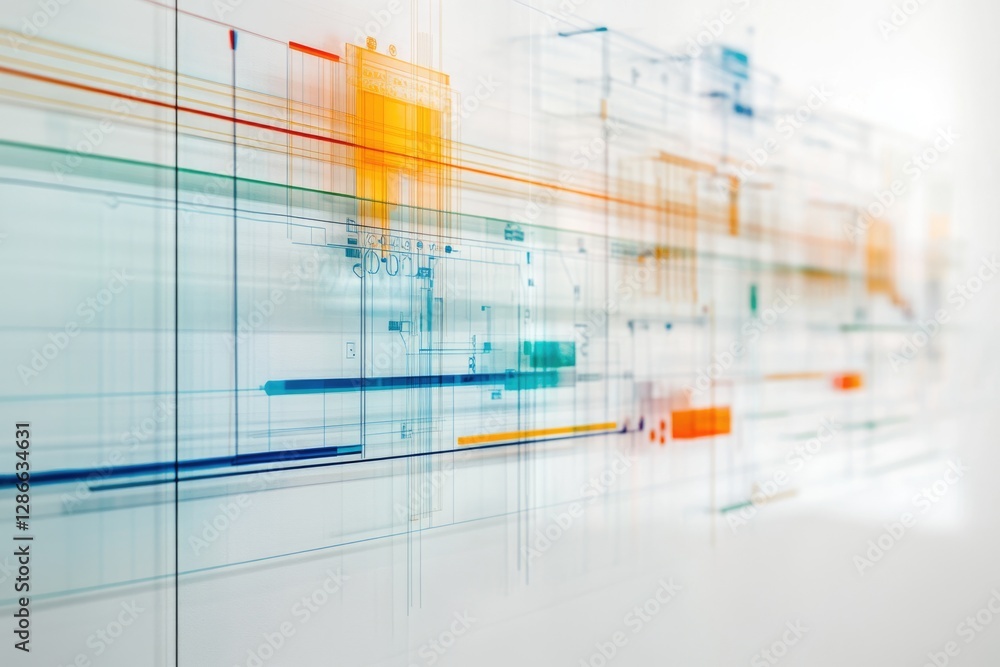 Obraz premium Abstract digital background with translucent overlapping lines and geometric shapes in blue, orange, and green.