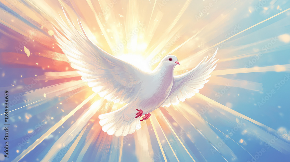 Fototapeta premium Glowing white dove spreading its wings in radiant golden light, symbolizing peace, freedom, and divine spirituality in an uplifting dreamlike vision.