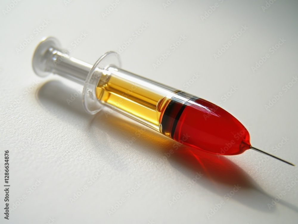 Syringe with red and yellow liquid inside. Syringe with red and yellow liquid inside.