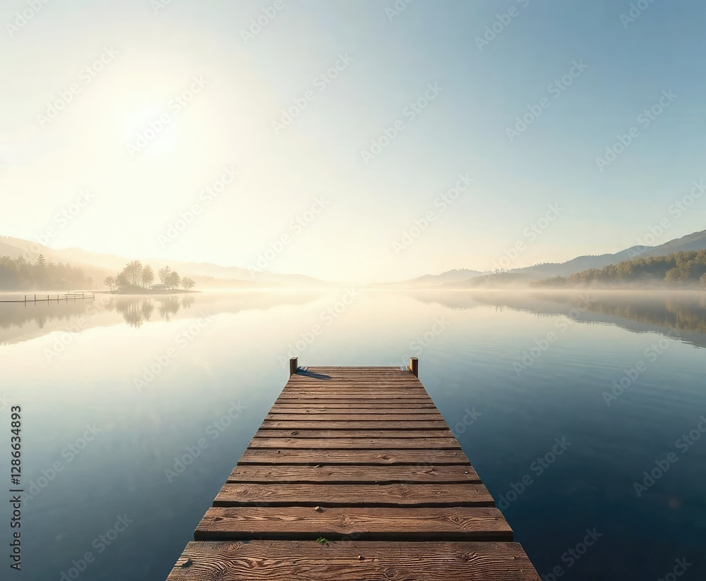 Obraz premium Wooden dock with reflection on serene morning lake, sunny morning, peaceful surroundings, natural beauty