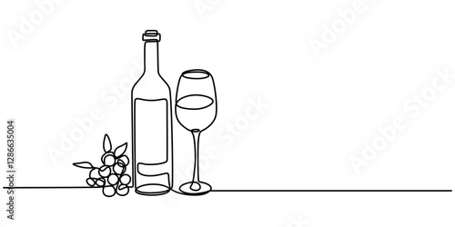 continuous one line drawing bottle of wine with wineglass and grape, wine drawn in one simple line, Beer glass and bottle one continuous line drawing vector illustration, pro minimalist concept style.