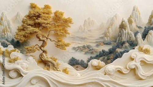 Luxury 3D Mural Wallpaper - Golden Tree, White Waves & Gold Accents

