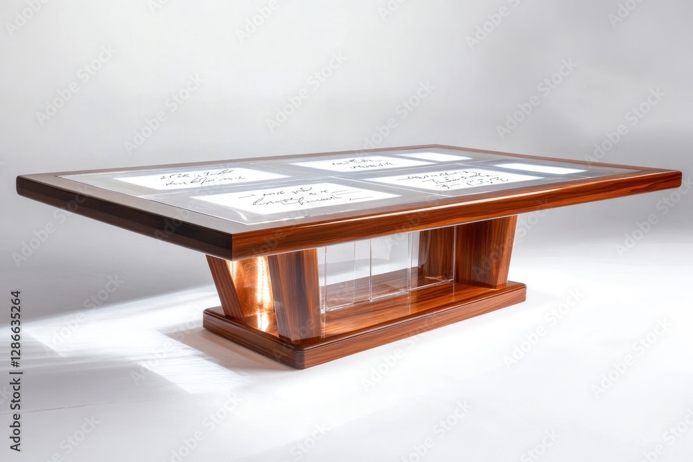 Modern wooden coffee table with a glass top displaying handwritten notes, illuminated base. Modern wooden coffee table with a glass top displaying handwritten notes, illuminated base.