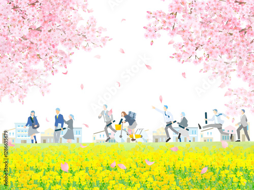 Male and female students walking along a bank with cherry blossom trees and blooming rape blossoms - full body - graduation - people vector illustration white background material桜の木と菜の花の咲く土手沿いを歩く学生男女ー