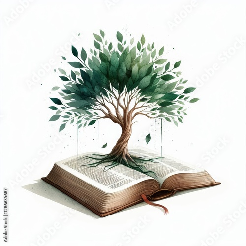 Eternal Wisdom, Tree of Life sprouting from Bible pages in watercolor style