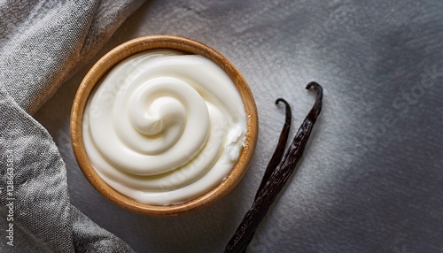 Close up of white natural creamy vanilla yogurt. Top view. Generative AI