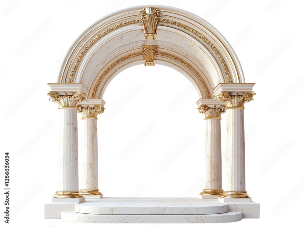 Ornate architectural arch with golden accents, set on a white isolated background, showcasing classical design features. Ornate architectural arch with golden accents, set on a white isolated background, showcasing classical design features.