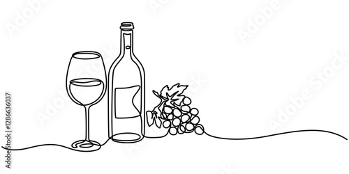 continuous one line drawing bottle of wine with wineglass and grape, wine drawn in one simple line, Beer glass and bottle one continuous line drawing vector illustration, pro minimalist concept style.