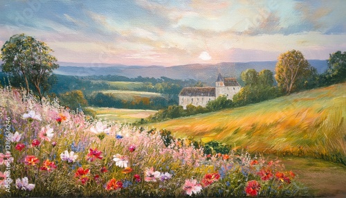 Oil style fine art painting of the English countryside, depicting romantic floral meadow, flowers field in soft pastel colours, evoking a sense of tranquility and natural beauty, printable art design