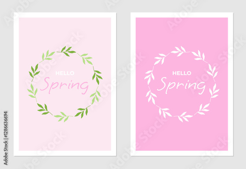 Hello spring poster and greeting card. Background with green leaves, twigs and plant elements. Text design.