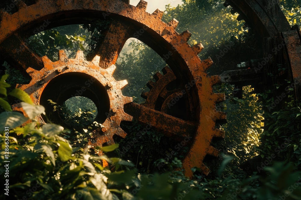 Rusty gears overgrown by lush jungle foliage, a scene of forgotten industry reclaimed by nature. Rusty gears overgrown by lush jungle foliage, a scene of forgotten industry reclaimed by nature.