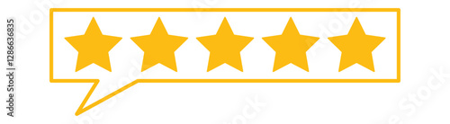 Customer review with five metallic golden stars in speech bubble. rating review flat icon. Five stars icon Vector. Five stars customer product rating review flat icon. Customer experience vector icon.