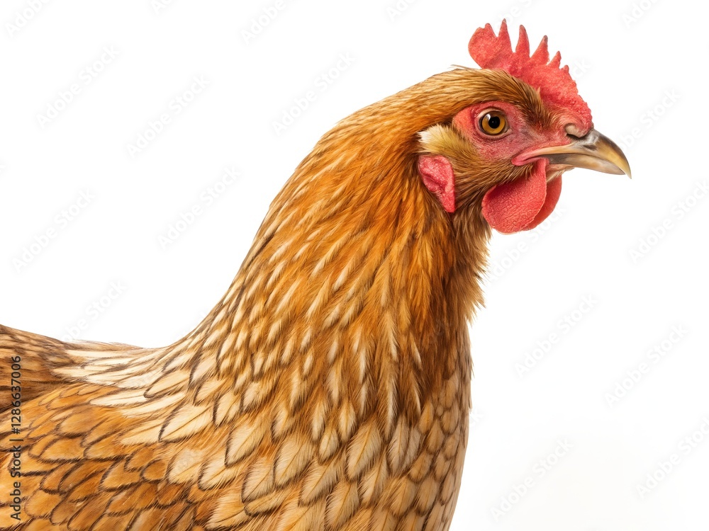 Fototapeta premium Close-up of a beautiful brown hen against a white background.