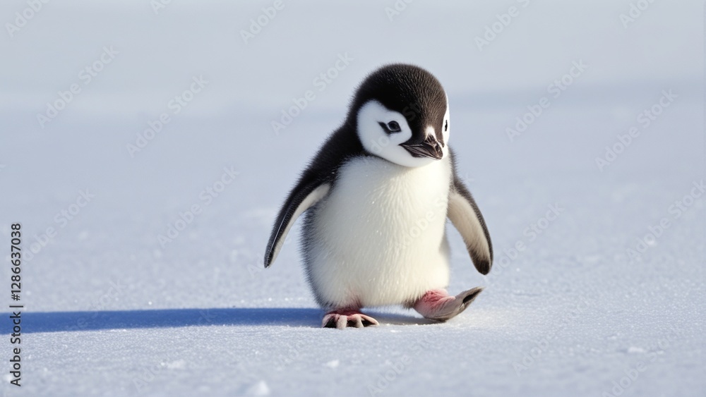 Obraz premium A cute penguin with black and white feathers waddles on snowy terrain.