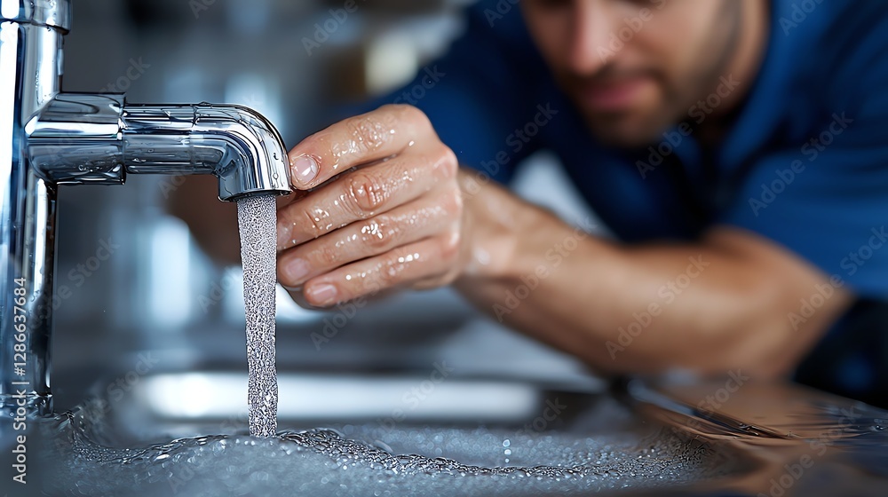 Plumber in a blue uniform working on a modern kitchen sink Plumber in a blue uniform working on a modern kitchen sink