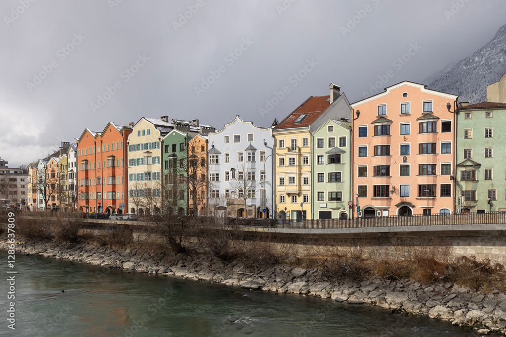 Row of colourful houses on Mariahilf Street, boulevard along the Inn River, Innsbruck, Tyrol, Austria