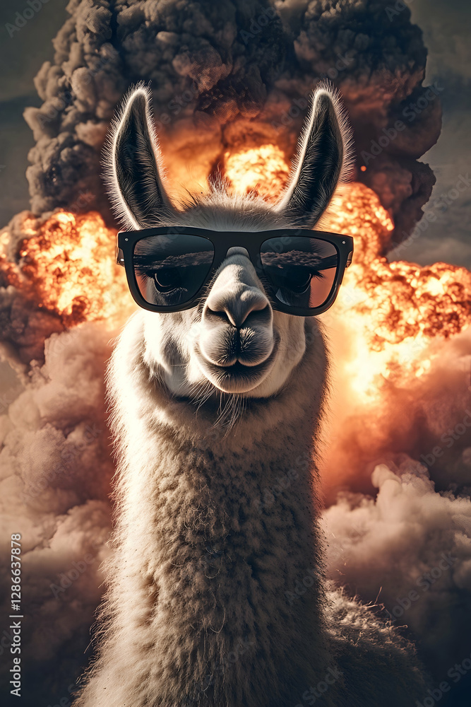 Fototapeta premium Cool llama with sunglasses, a llama wearing sunglasses, with a dramatic nuclear explosion in the background. The llama's calm demeanor combines humor with intensity for an eye-catching visual