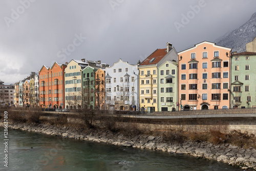 Obraz na płótnie Row of colourful houses on Mariahilf Street, boulevard along the Inn River, Innsbruck, Tyrol, Austria w salonie