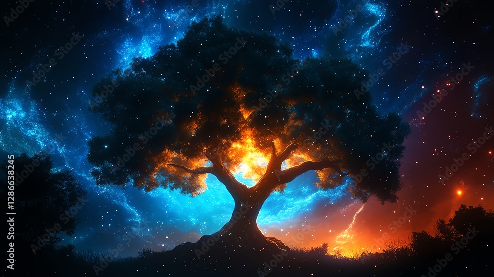 Obraz premium A magical tree against a cosmic backdrop.
