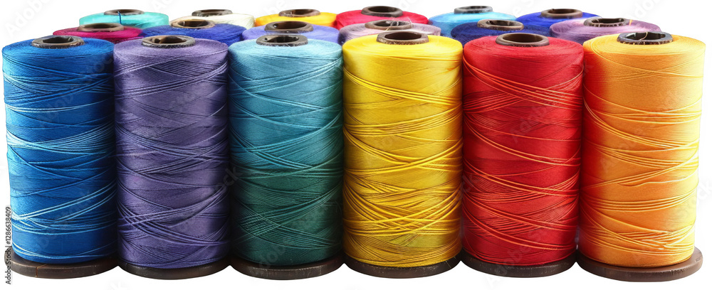Bright array of colorful thread spools arranged neatly on a tabletop for creative projects Bright array of colorful thread spools arranged neatly on a tabletop for creative projects