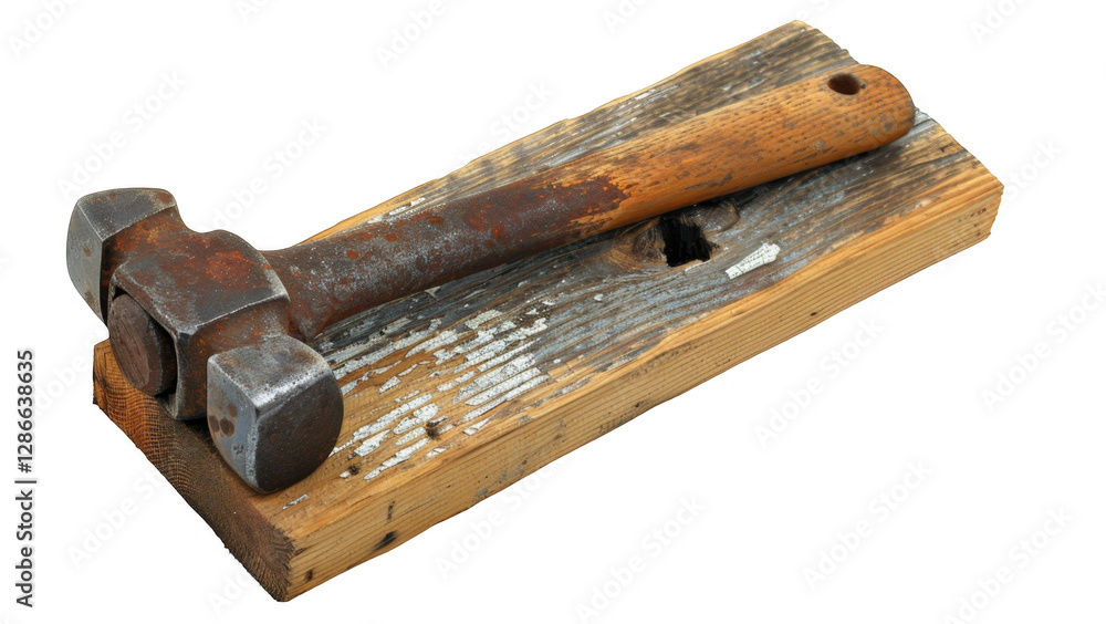 Rusty hammer resting on a weathered wooden plank in a rustic setting Rusty hammer resting on a weathered wooden plank in a rustic setting