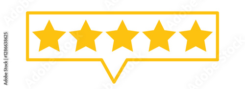 Customer review with five metallic golden stars in speech bubble. rating review flat icon. Five stars icon Vector. Five stars customer product rating review flat icon. Customer experience vector icon.