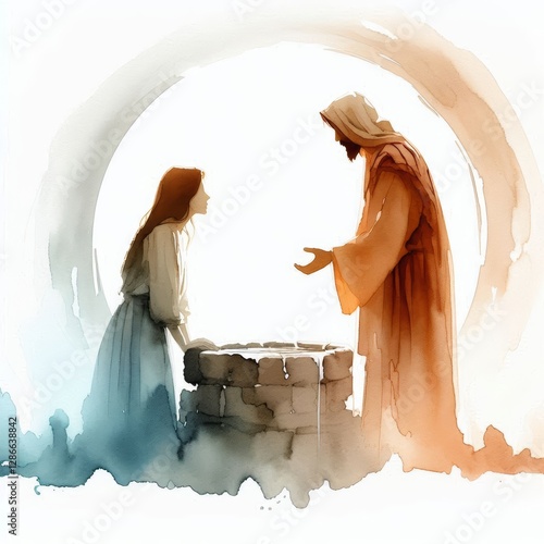 Minimalist watercolor depicting the encounter at Jacob's well timeless scene