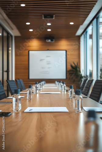 Corporate meeting room featuring a long table, whiteboard with markers