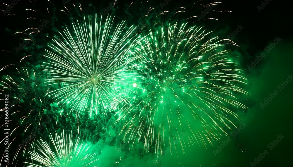 Fototapeta premium green fireworks display with stars and smoke