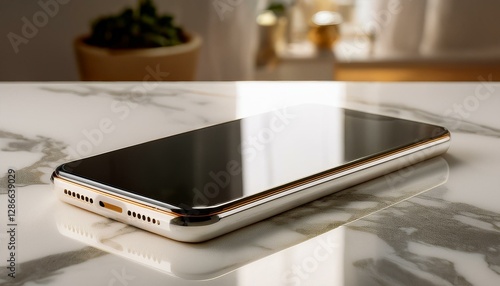 Wallpaper Mural 대리석 상판 위에 스마트폰이 놓여 있고,  화면에 빛이 반사되고 있다 Torontodigital.ca