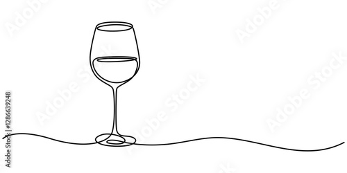 One line  Drawing or illustration of wine glass, The wine glass cheers is drawn in one line style. Printable wall art, Continuous line drawing of wine glass. Wine glass linear icon. One line drawing.