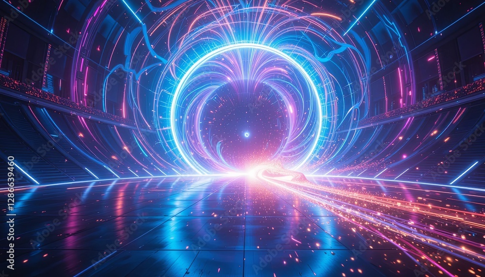 Fototapeta premium Dynamic energy portal futuristic realm digital art neon environment low angle sci-fi concept