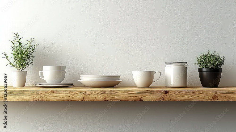 Obraz premium Rustic shelf, kitchenware, herbs, white wall. Food blog, website