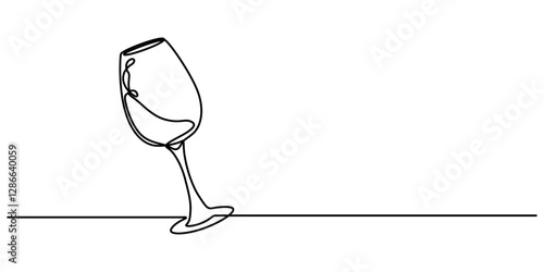 One line  Drawing or illustration of wine glass, The wine glass cheers is drawn in one line style. Printable wall art, Continuous line drawing of wine glass. Wine glass linear icon. One line drawing.