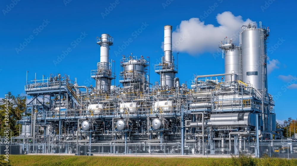 Industrial Power Plant with Modern Equipment and Blue Sky Background Industrial Power Plant with Modern Equipment and Blue Sky Background