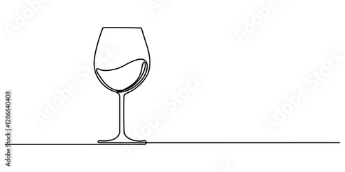 One line  Drawing or illustration of wine glass, The wine glass cheers is drawn in one line style. Printable wall art, Continuous line drawing of wine glass. Wine glass linear icon. One line drawing.