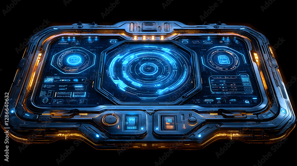 Obraz premium Futuristic digital interface with glowing blue and orange elements on transparent screen, showcasing advanced technology and innovation