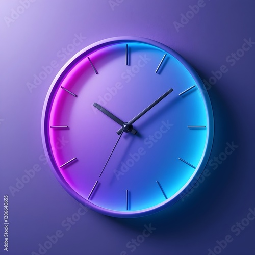 Modern Neon Clock on Purple Wall, Time Concept