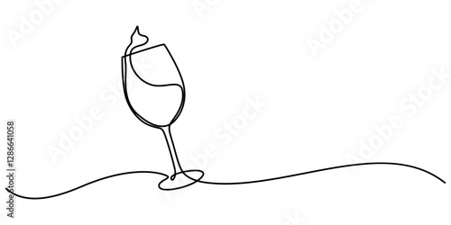 One line  Drawing or illustration of wine glass, The wine glass cheers is drawn in one line style. Printable wall art, Continuous line drawing of wine glass. Wine glass linear icon. One line drawing.