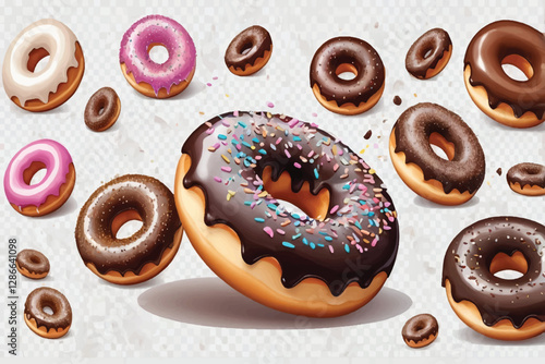 Falling frosted sprinkled chocolate donut, sweet doughnut isolated on transparent background
