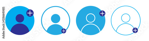 Add user icon set. Person profile avatar with plus, add account symbol. Add user icon set. Follow user, add contact, people, member, account Icon set. Person profile avatar with plus symbol. Vector