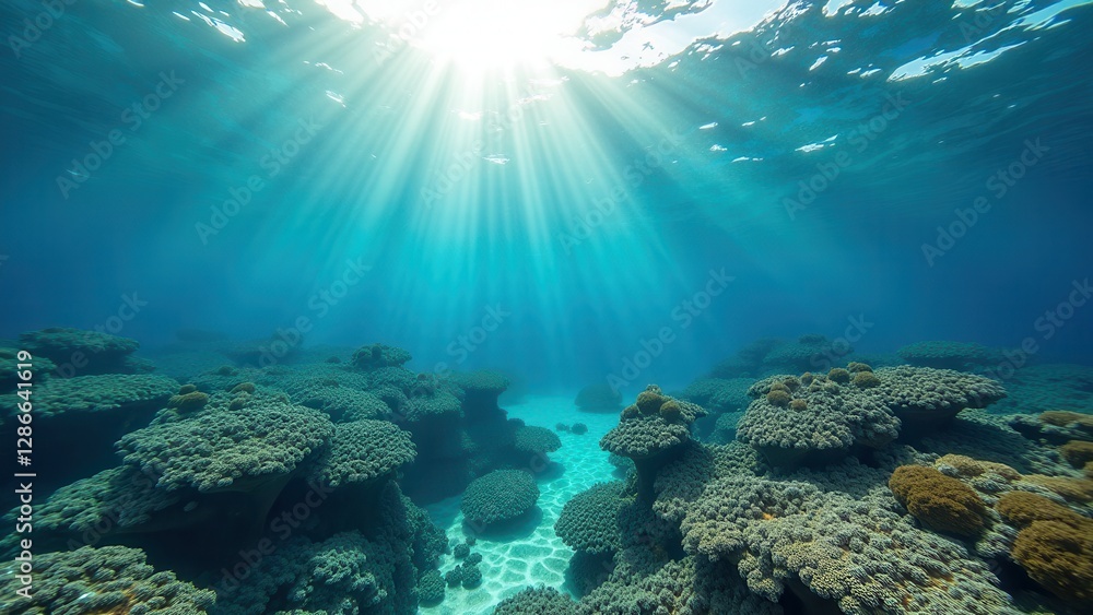 Underwater view of bleached coral reef with sun rays shining through clear ocean water Underwater view of bleached coral reef with sun rays shining through clear ocean water