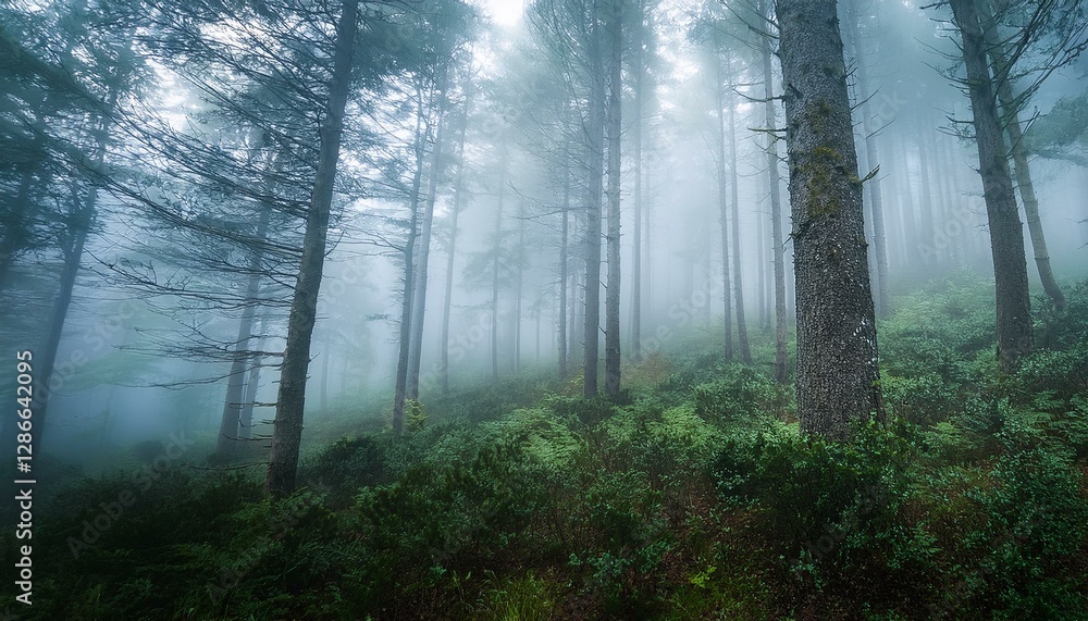 Obraz premium Forest in heavy fog with eerie atmosphere